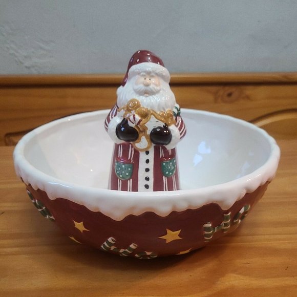 Santa Claus "Ho Ho Ho" Decorative Bowl, Santa w/cookies figure in the middle EUC